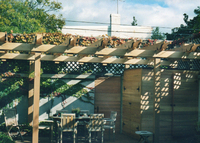 A pergola to shade a seating area by the pool and a "shed" to hide the pool equipment.