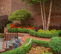 Meticulous pruning and annual rotations make this formal garden stunning.