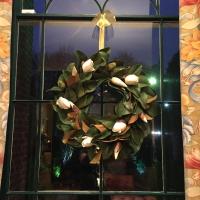 Faux magnolia wreath for the holidays.