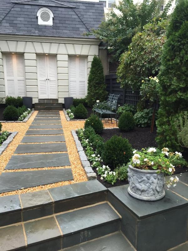 A variety of evergreens mirrored on each side of the walkway creates a formal garden. : Georgetown, Capitol Hill, and NW Gardens : CITYSCAPES® Landscaping LLC