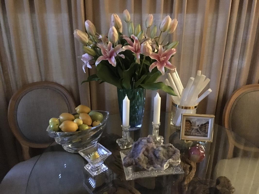 Faux Lilies and Tulips in glass vase and faux fruit in crystal bowl. : Holiday Decorating, Faux Plant and Flower Installations : CITYSCAPES® Landscaping LLC